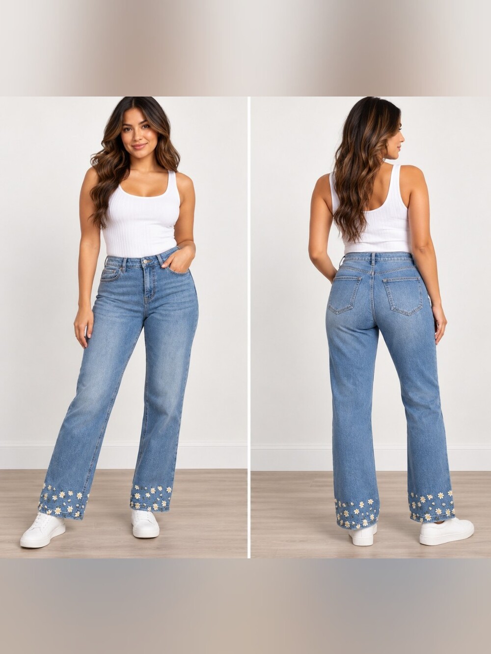 Light Blue Straight-Leg Jeans with Floral Hem